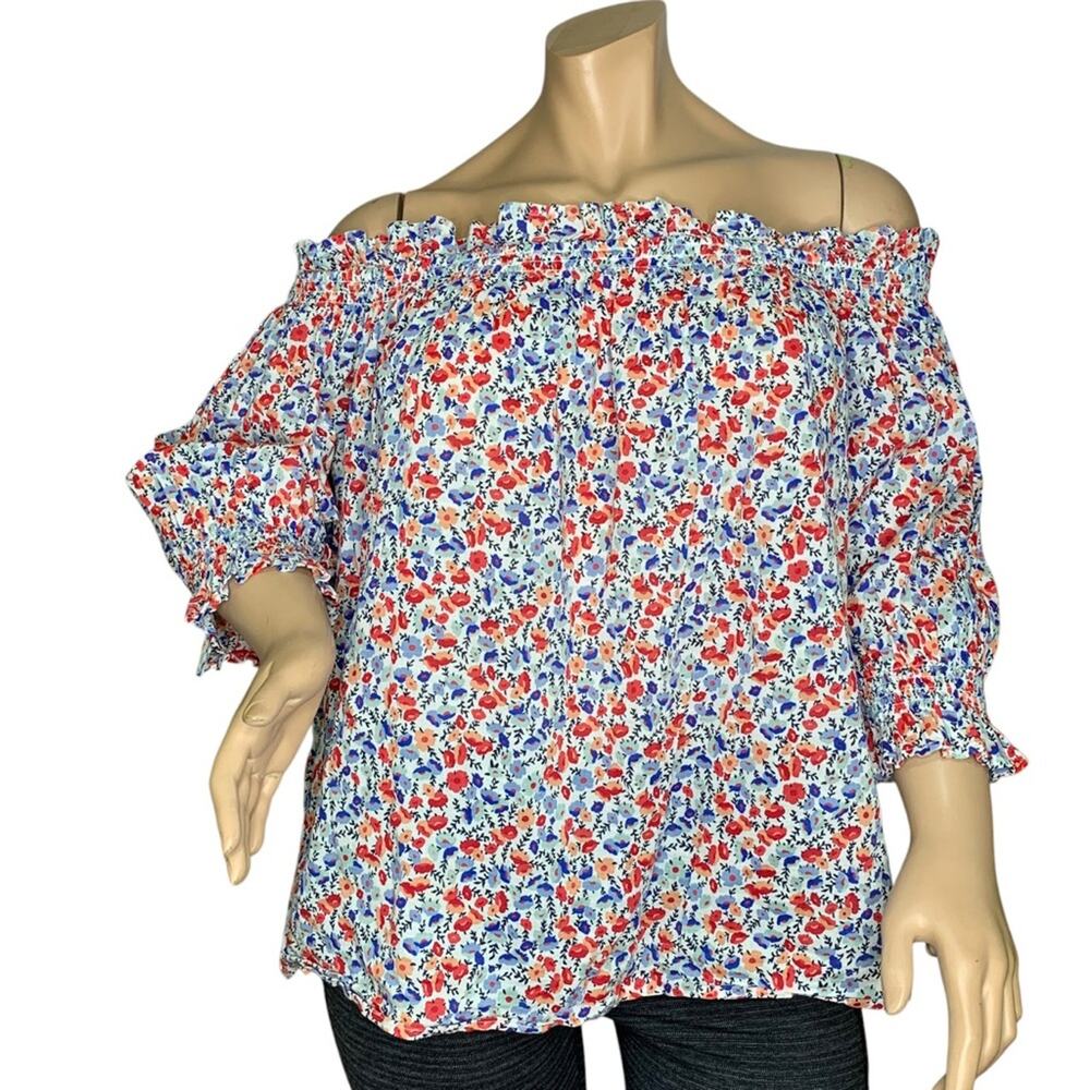 St. John's Bay Floral Print No Shoulders Top 3/4 Sleeve Elastic on Cuffs Size 3X
